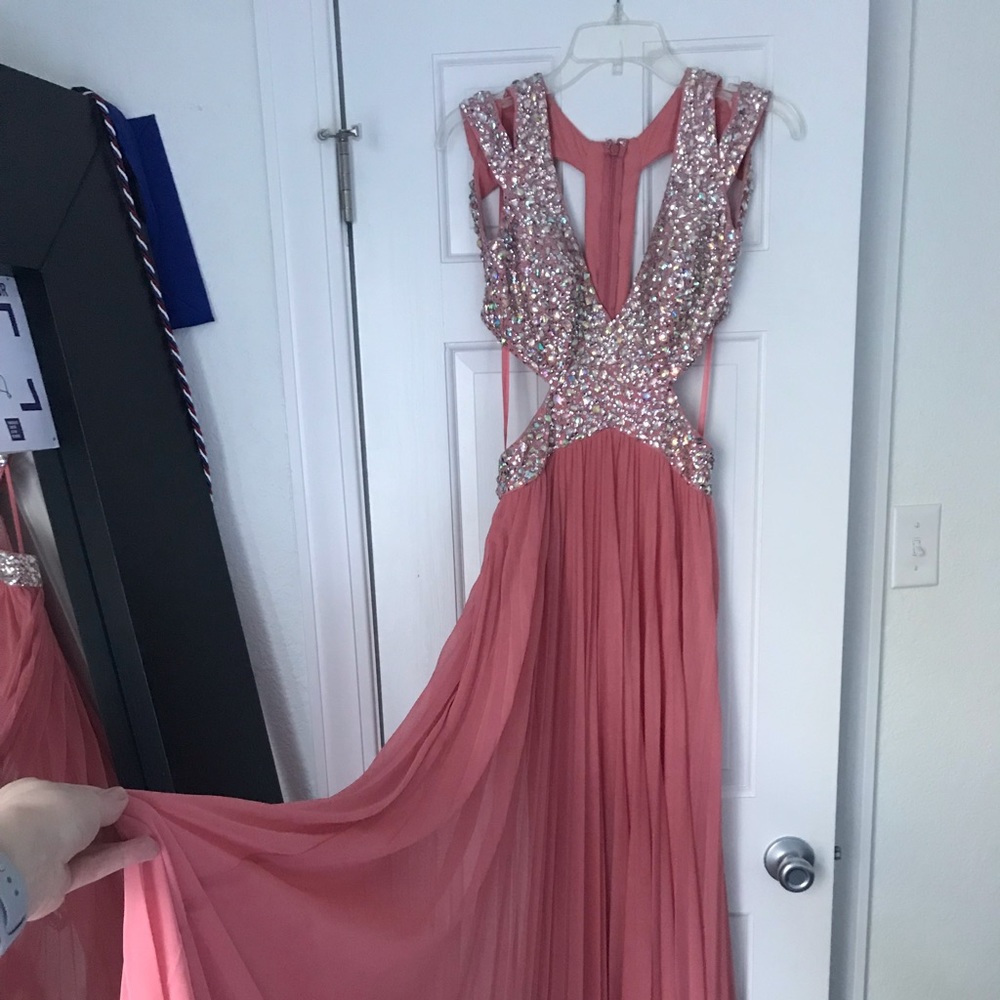 Betsy and Adam salmon-pink cut out prom dress - Picture 3 of 7